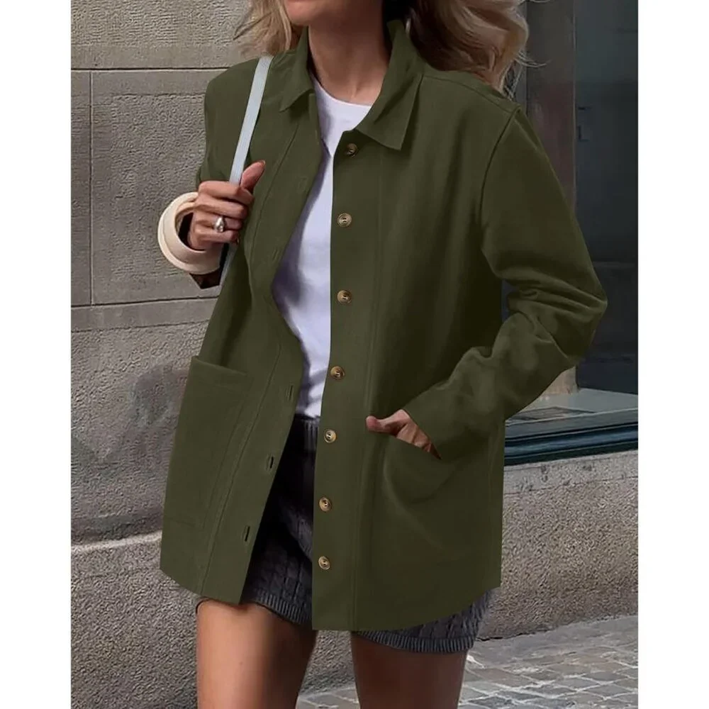 Women's Faux Leather Long Sleeve Green Button Down Jackets Coats Outerwear - Picture 2 of 6